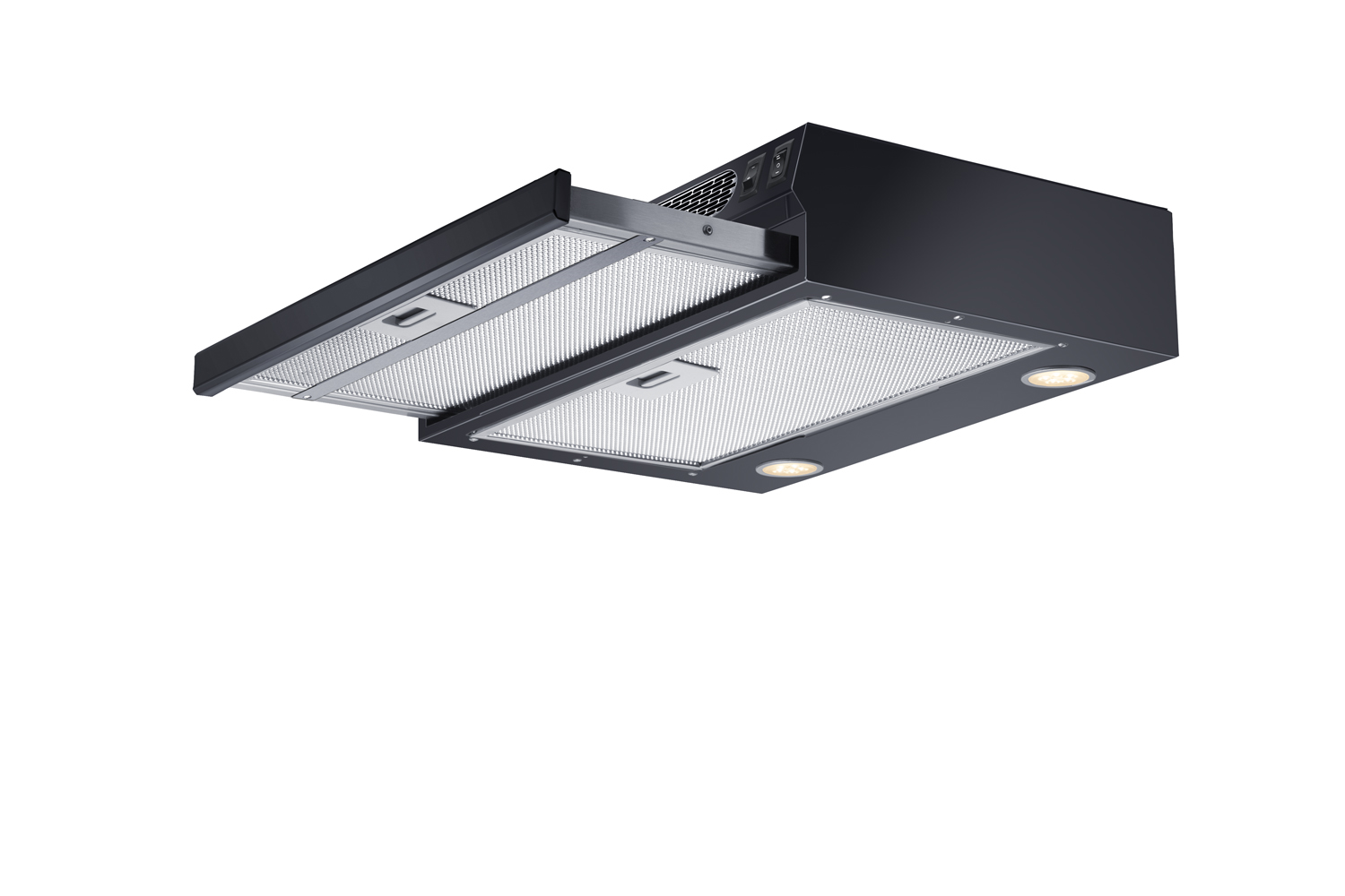 18 inch wide ADA compliant under cabinet retractable range hood for ductless use in black, made in the USA with separate wall switch for ADA applications